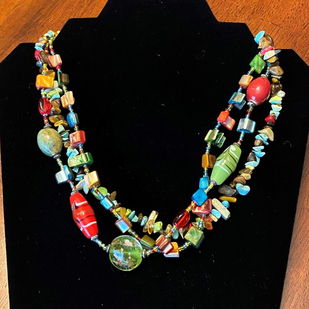 3 Strand Necklace Stone & Glass Beads BOHO Style